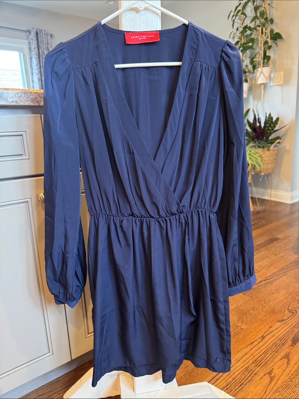 AKIRA Navy Long-Sleeve Surplice Dress